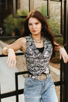 Jacquard Black White Horse Button Down Corset Top - Broken horn
