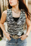 Jacquard Black White Horse Button Down Corset Top - Broken horn