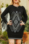 Black Ivory Aztec Knitted Fringe Sweater Dress - Broken horn