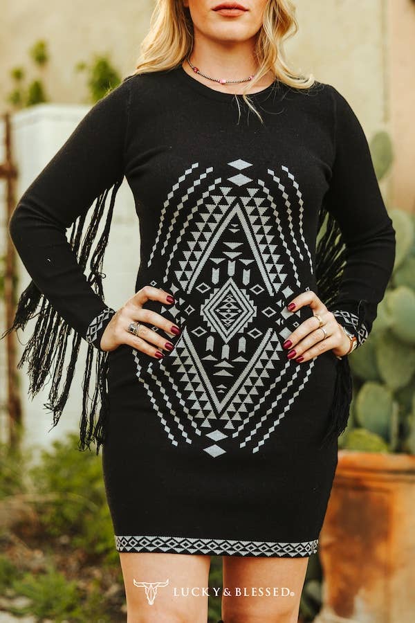 Black Ivory Aztec Knitted Fringe Sweater Dress - Broken horn