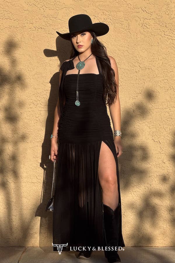 Black Ruched Halter Slit Hem Gathered Dress - Broken horn