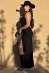 Black Ruched Halter Slit Hem Gathered Dress - Broken horn