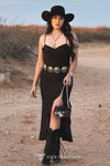 Black Strap Ruffle Front Slit Dress - Broken horn