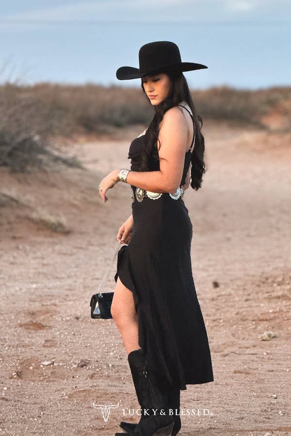 Black Strap Ruffle Front Slit Dress - Broken horn