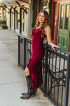 Burgundy Strap Ruffle Front Slit Dress - Broken horn