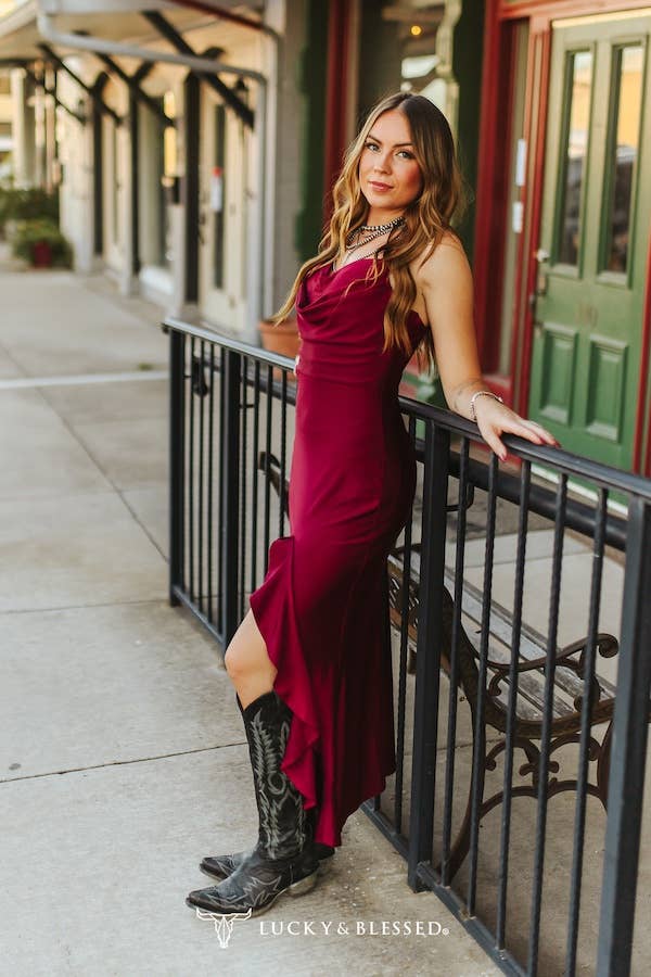 Burgundy Strap Ruffle Front Slit Dress - Broken horn