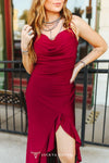 Burgundy Strap Ruffle Front Slit Dress - Broken horn