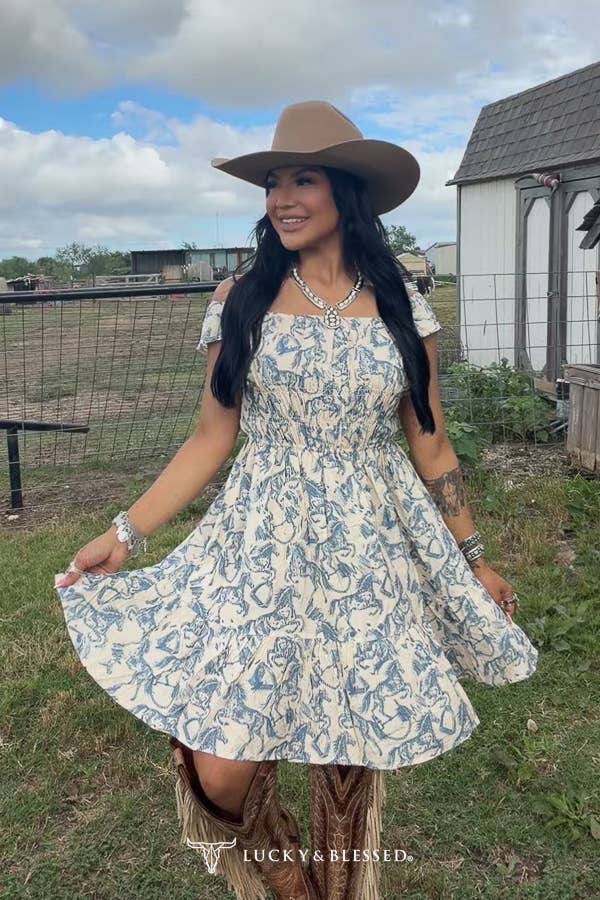 Cream Horse Printed Thick Strap Flutter Dress - Broken horn
