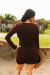 Dark Brown Cowl Overlap Neckline Long Sleeve Dress - Broken horn