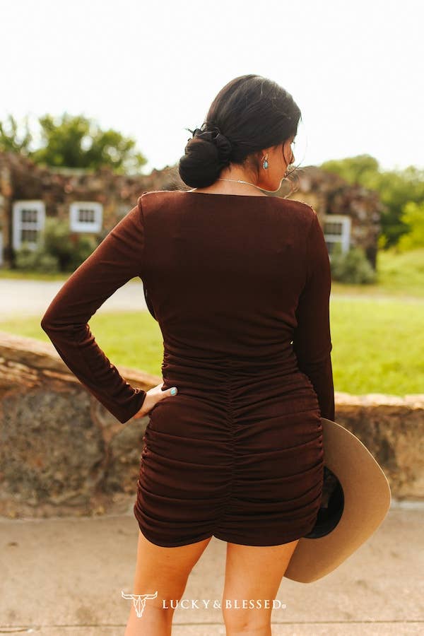 Dark Brown Cowl Overlap Neckline Long Sleeve Dress - Broken horn