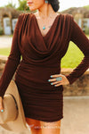 Dark Brown Cowl Overlap Neckline Long Sleeve Dress - Broken horn