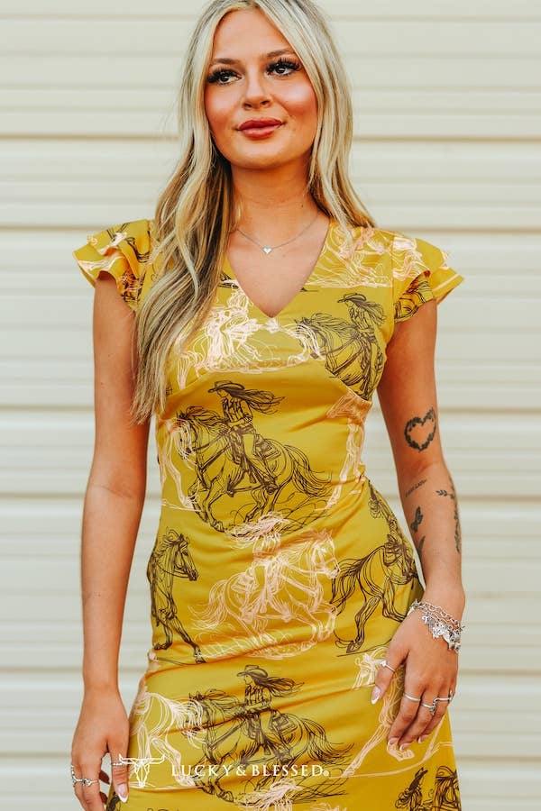 Horse Printed Ruffle Hem Maxi Dress - Broken horn