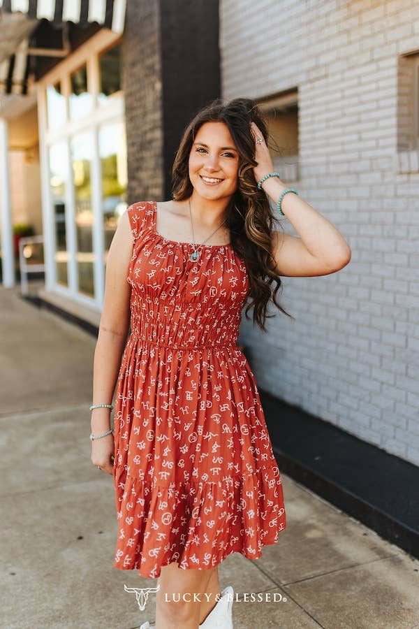 Rust Cattle Brand Printed Thick Strap Flutter Dress - Broken horn