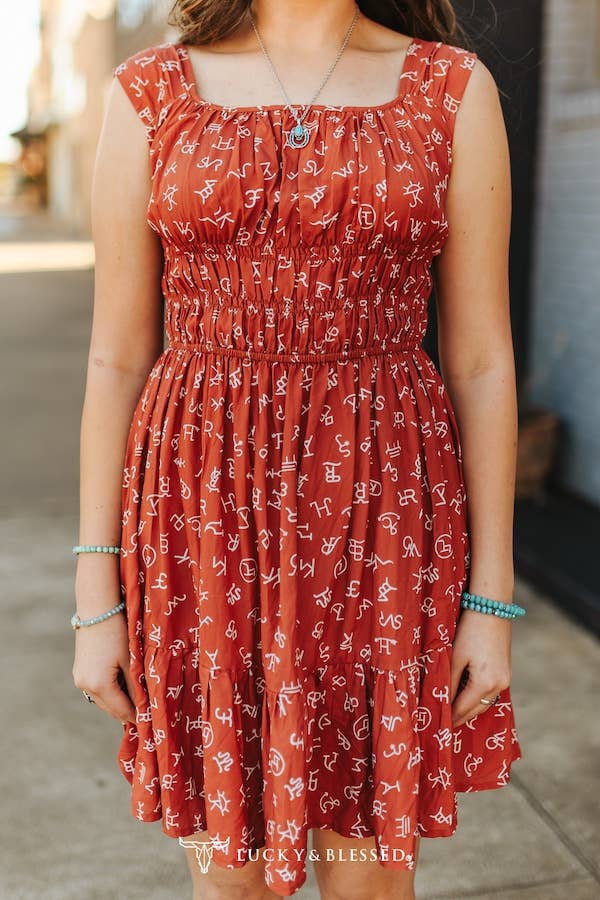 Rust Cattle Brand Printed Thick Strap Flutter Dress - Broken horn