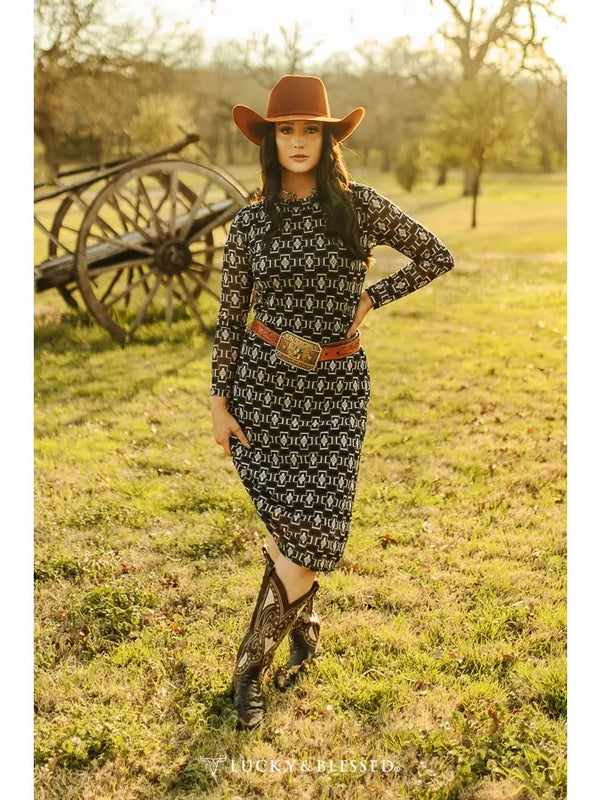 Black Aztec Mesh Long Sleeve Lined Dress - Broken horn