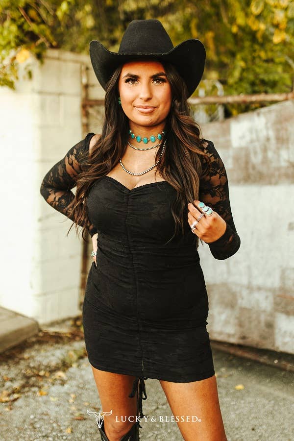 Black Off The Shoulder Ruched Lined Lace Dress - Broken horn