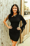 Black One Shoulder Long Sleeve Fringe Mid-Thigh Dress - Broken horn