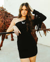 Black One Shoulder Long Sleeve Fringe Mid-Thigh Dress - Broken horn