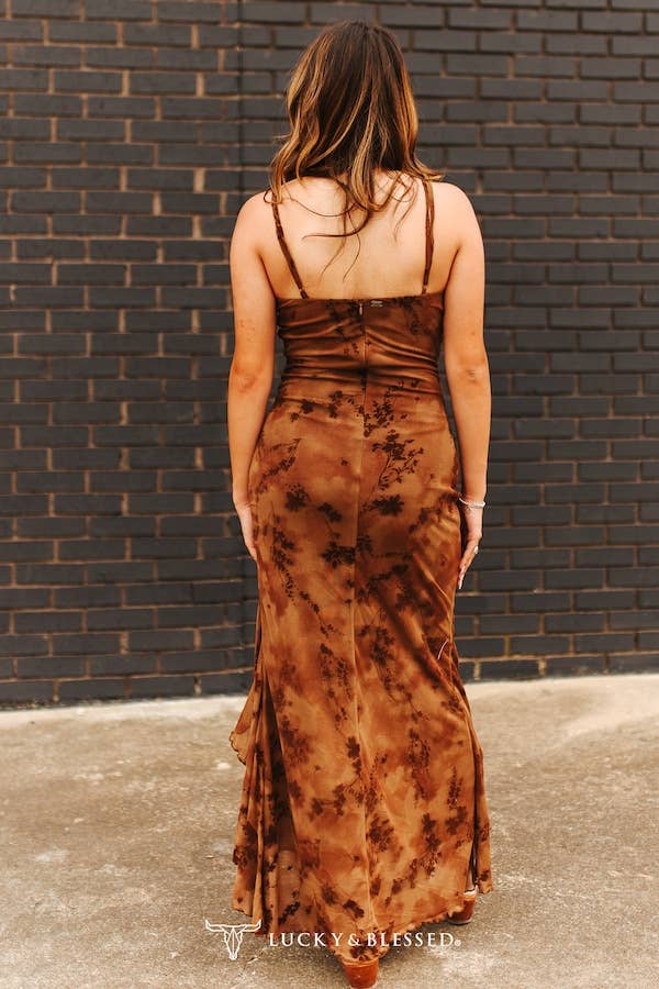 Brown Camo Strap  Ruffle Tier Slit Dress - Broken horn