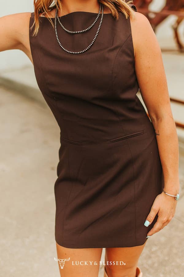 Dark Brown Rectangle Neckline Thick Strap Dress - Broken horn