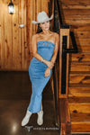 Denim Stretch Western Upper Buckle Strapless Slit Hem Dress - Broken horn