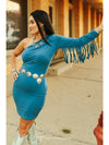Teal One Shoulder Fringe Sleeve Mid Thigh Dres - Broken horn