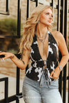 Black Cow Printed Front Tie Halter Sleeveless Top - Broken horn
