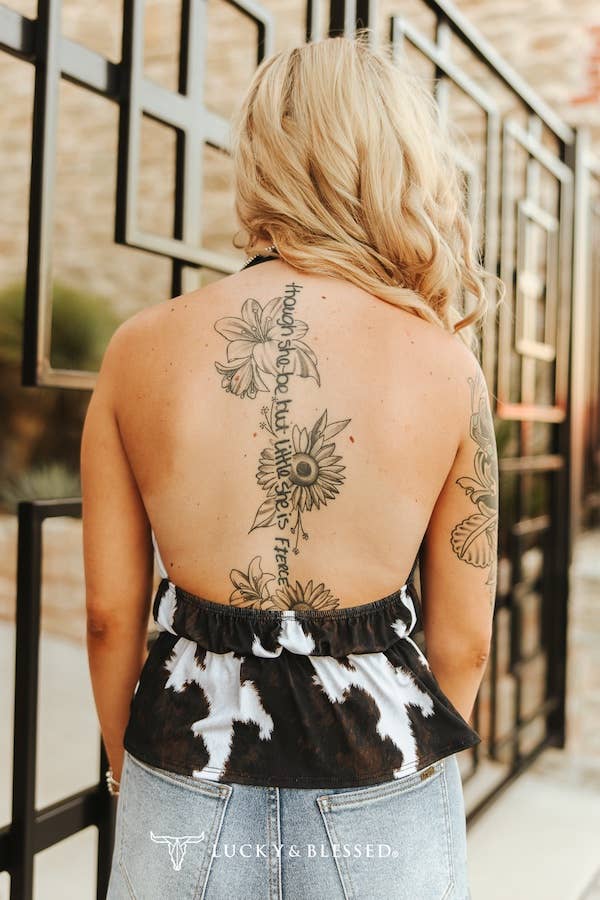 Black Cow Printed Front Tie Halter Sleeveless Top - Broken horn