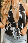 Black Cow Printed Front Tie Halter Sleeveless Top - Broken horn