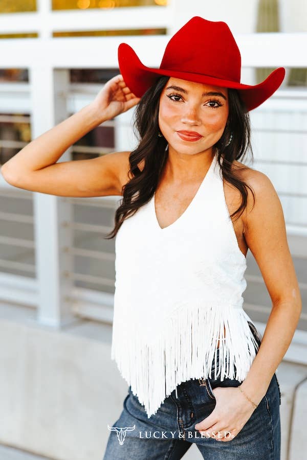 Ivory Lace Fringe Hem Halter Top - Broken horn