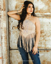 Sand Suede Halter Top W Boot Stitch Embroidery-Studs Detail - Broken horn