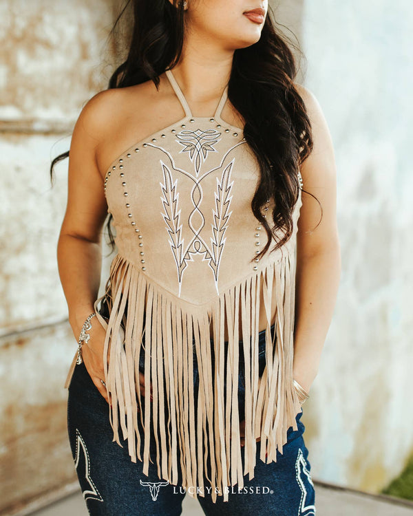 Sand Suede Halter Top W Boot Stitch Embroidery-Studs Detail - Broken horn