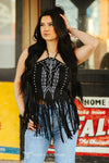 Sand Suede Halter Top W Boot Stitch Embroidery-Studs Detail - Broken horn