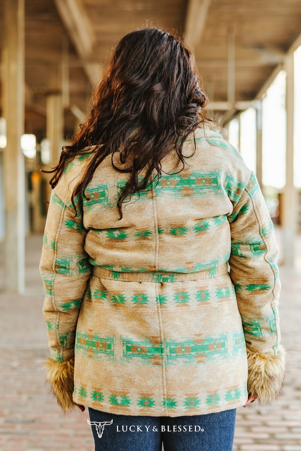 Jade Beige Aztec Wool Blend Fur Tie Coat - Broken horn