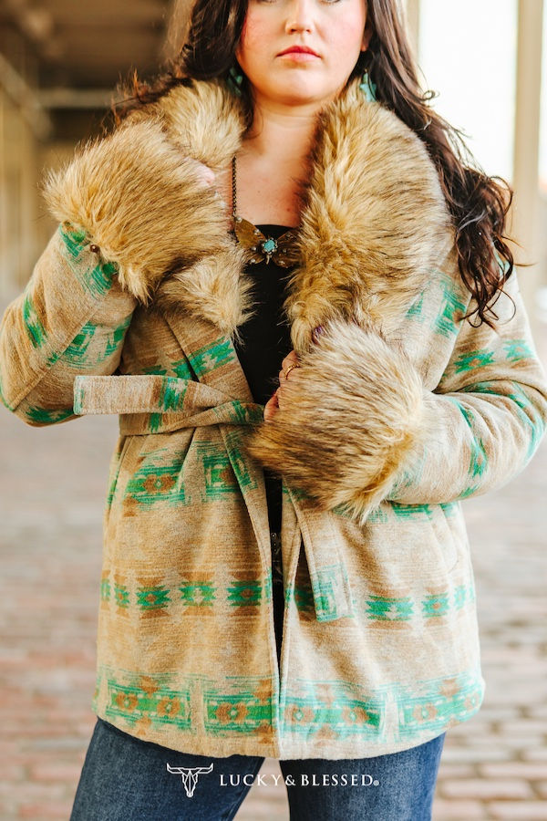 Jade Beige Aztec Wool Blend Fur Tie Coat - Broken horn