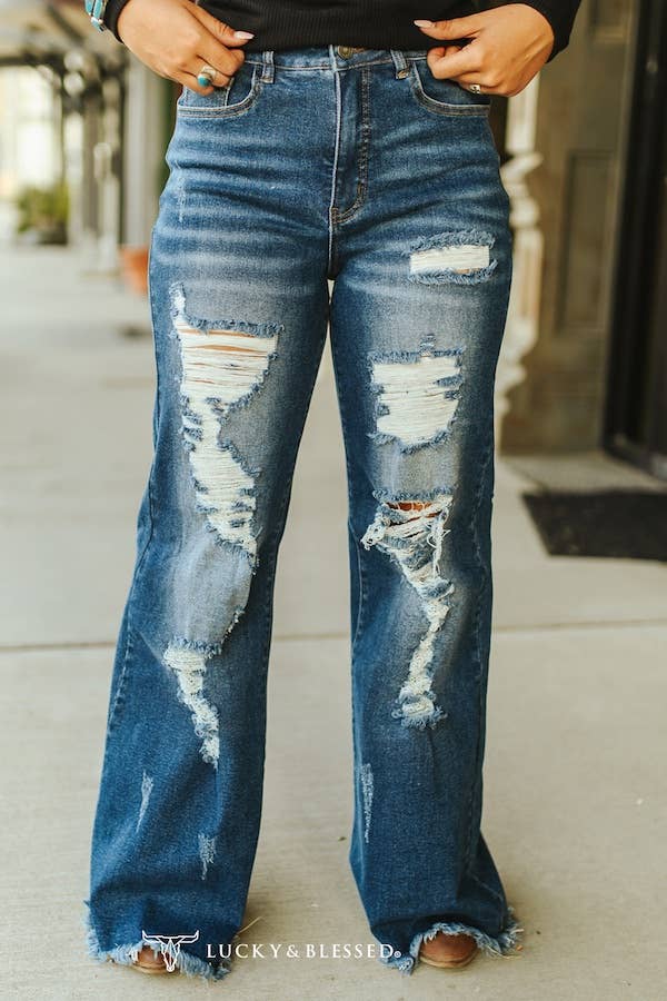 Dark Wash High Rise Distressed Trouser Jeans - Broken horn