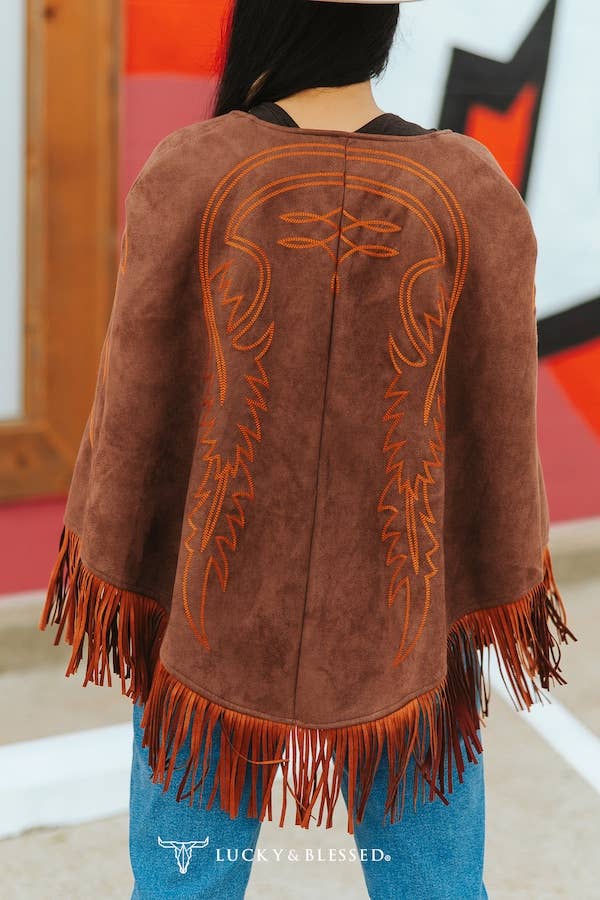 Brown Suede Boot Stitch Embroidered Fringe - Broken horn