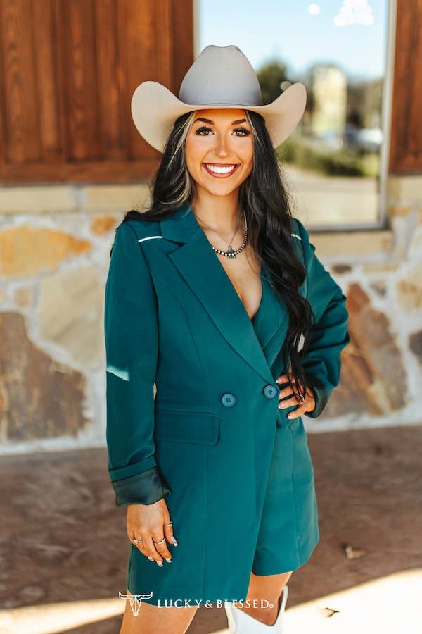 Teal Long Sleeve Blazer Romper - Broken horn