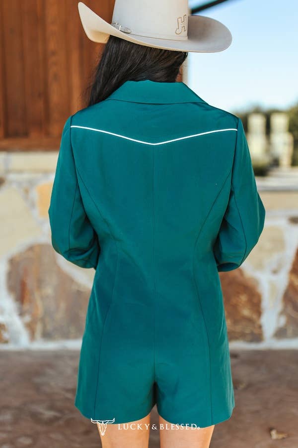 Teal Long Sleeve Blazer Romper - Broken horn