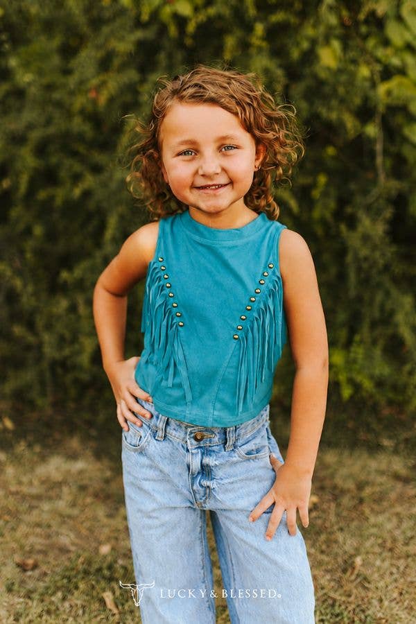 Girls Turquoise Suede Front Arch Fringe Top - Broken horn