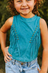Girls Turquoise Suede Front Arch Fringe Top - Broken horn
