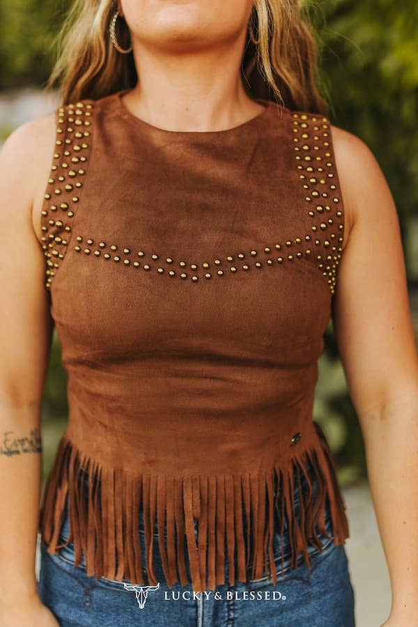 Brown Studded Fringe Hem Suede Sleeveless Top - Broken horn