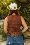 Brown Studded Fringe Hem Suede Sleeveless Top - Broken horn