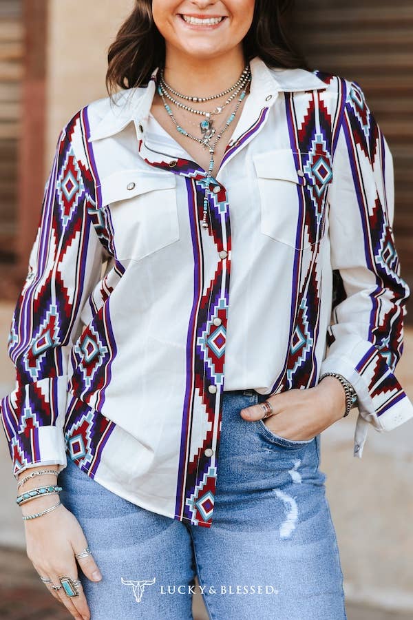 Ivory Aztec Pearl Snap Buttons Retro 90's Western Top - Broken horn