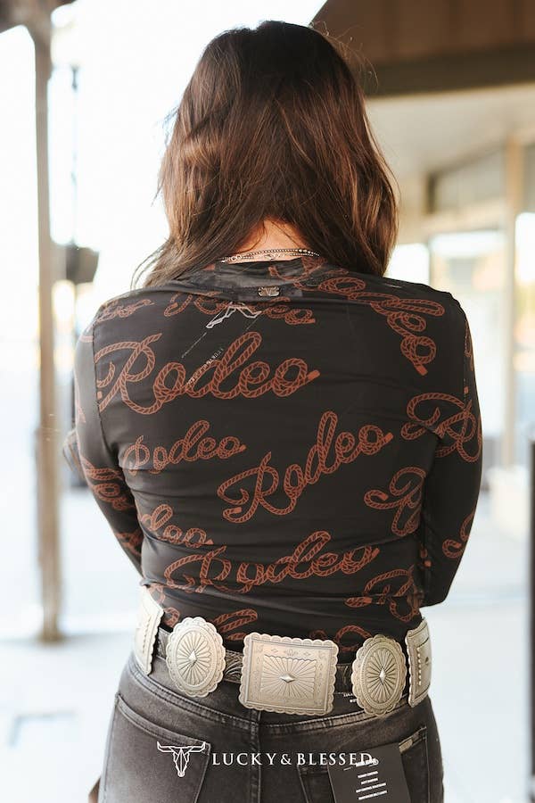 Black Rodeo Printed Long Sleeve Mesh Top - Plus - Broken horn
