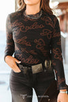 Black Rodeo Printed Long Sleeve Mesh Top - Plus - Broken horn
