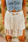 Bone Ivory Suede Fringe Front Buckle Belt Shorts - Broken horn