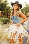 Bone Ivory Suede Fringe Front Buckle Belt Shorts - Broken horn