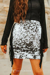 Black Cow Hide Printed Double Suede Fringe Skirt - Broken horn