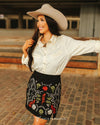 Black Stretch Suede Aztec Floral Embroidered Skirt - Broken horn